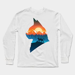 Cat with orange sun at dusk Long Sleeve T-Shirt